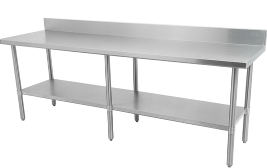 Thorinox DSST-3096-BK Table, 96"W x 30"D x 39"H, Stainless Steel Table with Backsplash and Galvanized Shelf