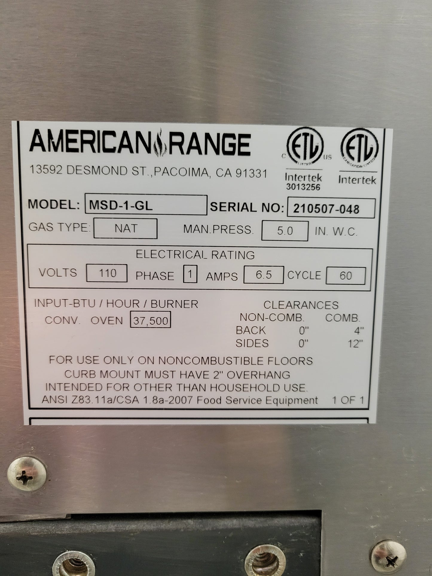 American Range MSD-1GL Single Full Size NG Convection Oven